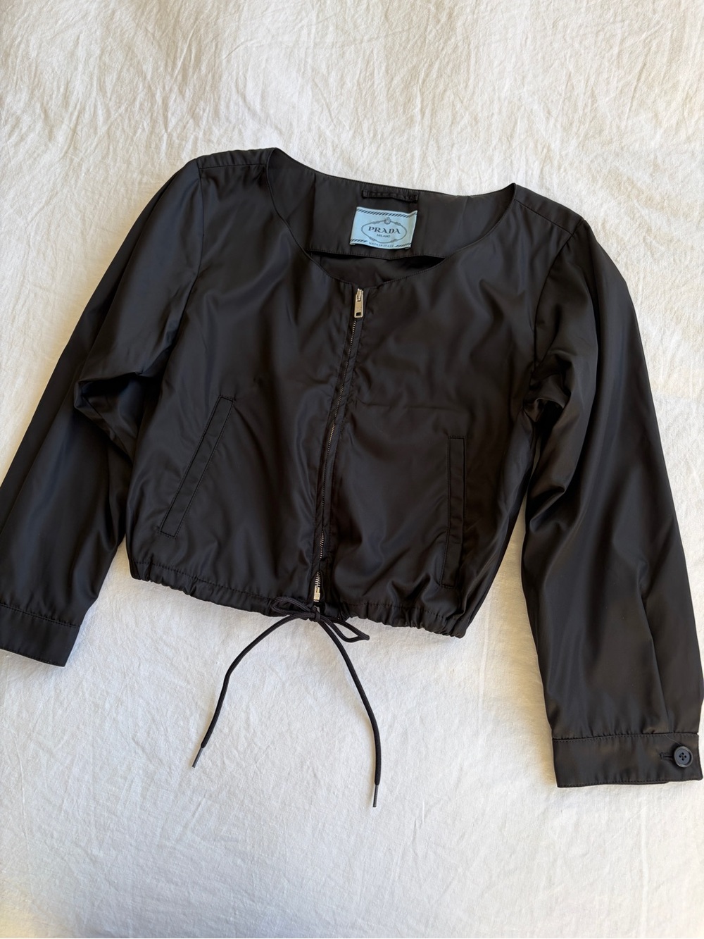 Prada Nylon Triangle Cropped Drawstring Zipper Pocket Bomber Jacket Coat Black - Picture 2 of 9